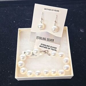 Sterling Silver Mother of Pearl Wedding Earrings and Bracelet Set